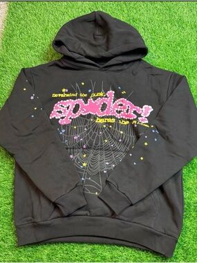 Black Spider Web Graphic Hoodie with Pink Logo